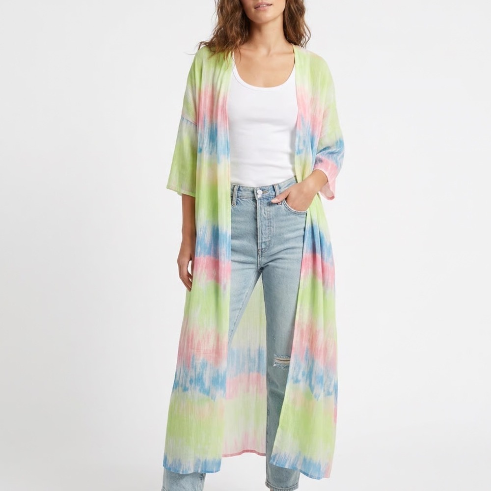 Multicolor Tie Dye Maxi Duster Cardigan Open Front Short Sleeve 2XL - Picture 1 of 6